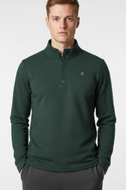 Men in Bistro Green Heather Ultra Soft Tech Quarter Zipper Front View