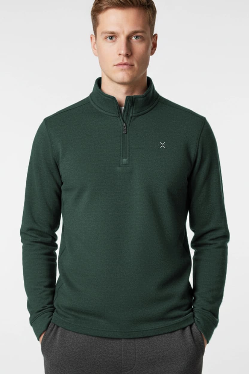 Men in Bistro Green Heather Ultra Soft Tech Quarter Zipper Front View
